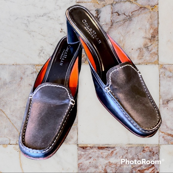 Cole Haan Square Toe Black Leather Loafer Mules w Wooden Stacked Low Heel Size 8 - Picture 8 of 16